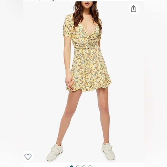 FREE PEOPLE  Forget Me Not V Neck Floral Lined Ruched Sleeve Mini Dress 4 - Picture 1 of 5
